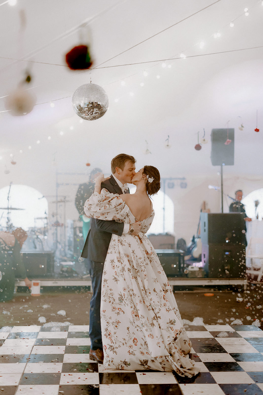 Blacksburg VA farm wedding tent reception with disco ball