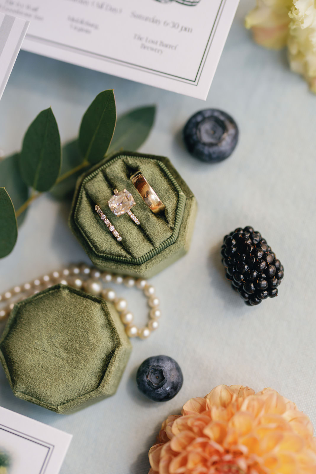 Middleburg Virginia wedding details flat lay with paper goods
